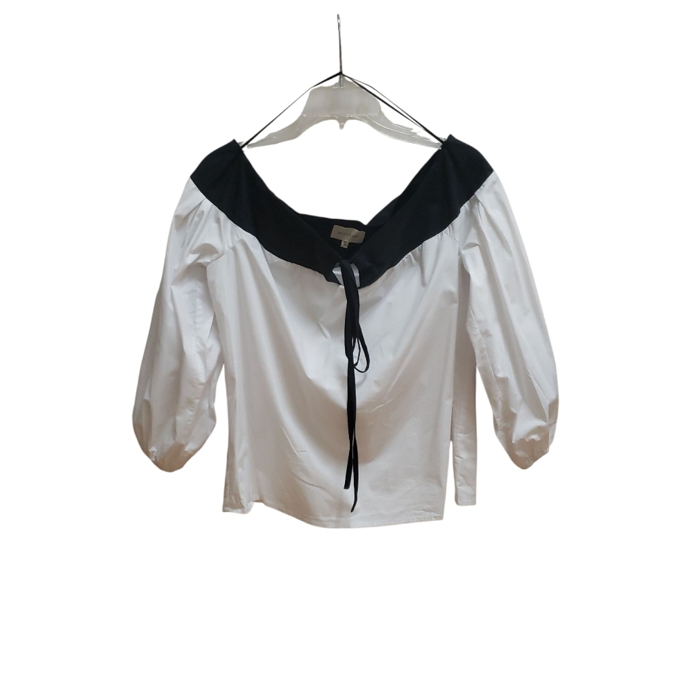 MELLODAY Black and White Blouse Womens Size M Puff Sleeve Tie Front Classic